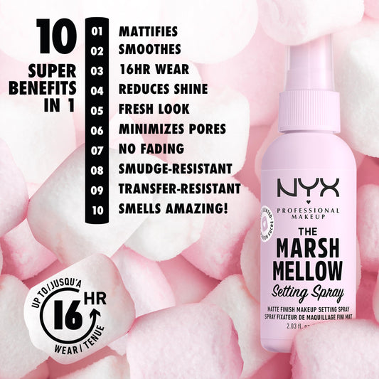 NYX PROFESSIONAL MAKEUP, Marshmellow Setting Spray, Fijador de Maquillaje con Acabado Mate, que No Transfiere y Prolonga la Duración del Maquillaje hasta 16H, 60 ml